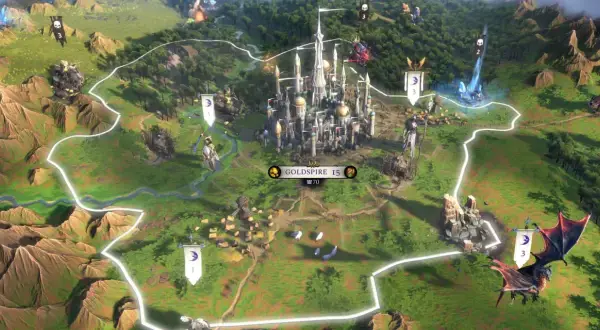 Mapa strategiczna z gry **Age of Wonders**. W centrum majestatyczny zamek Goldspire, otoczony zielonymi terenami, lasami i górami. Widać jednostki, flagi i punkty kontrolne.