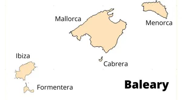 Mapa przedstawia Baleary: Majorkę, Minorkę, Ibizę, Formenterę i Cabrerę.