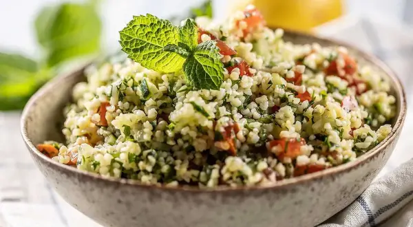 En skål med tabbouleh, en fräsch sallad där man kan koka bulgur med tomat, persilja och mynta.