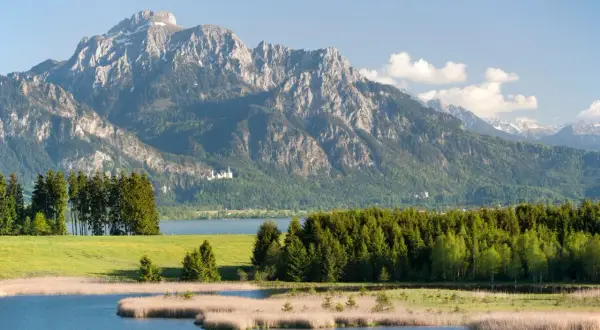 Majestätischer berg mit see und einer kleinen Burg im Hintergrund. Grüne Wiesen und Schilf am Ufer.