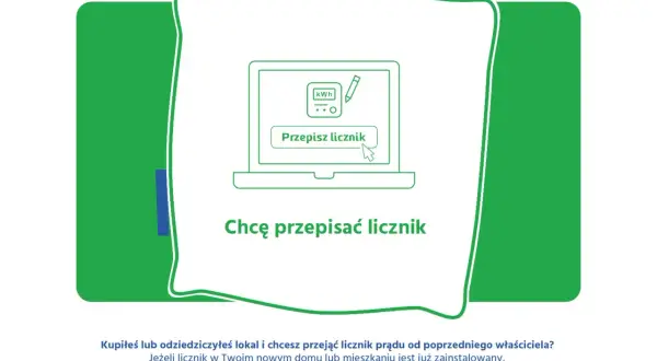 Grafika przedstawia ekran laptopa z przyciskiem "Przepisz licznik". Pod spodem napis "Chcę przepisać licznik". To instrukcja, jak złożyć wniosek o prąd.