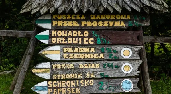 Drewniany drogowskaz leśny z nazwami szlaków, w tym "rudawiec najkrótszy szlak".