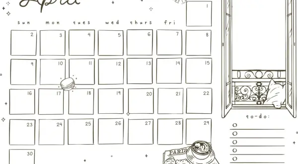 Calendario del mes de abril con un diseño de estilo boceto, que incluye un espacio para notas y una lista de tareas.