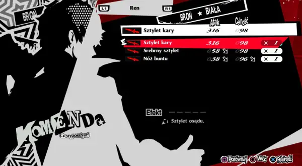 Menu ekwipunku w Persona 5 Royal. Gracz wybiera broń dla Ren, widoczne statystyki i przedmioty. Spolszczenie gry.