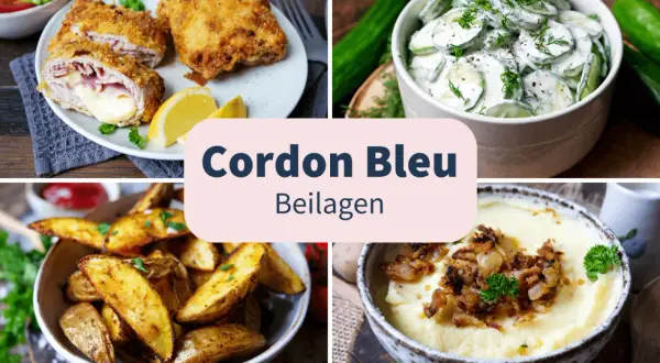 Cordon Bleu mit Kartoffelspalten, Gurkensalat und Kartoffelpüree. Köstliche Beilagen zum Cordon Bleu.