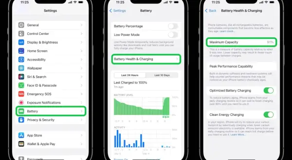 Jak sprawdzić kondycję baterii iPhone'a: Ustawienia > Bateria > Kondycja i ładowanie baterii. Maksymalna pojemność 91%.