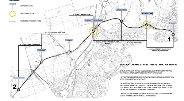 Mapa projektowanych ścieżek rowerowych w Rybniku z zaznaczonymi stacjami, terenami rekreacyjnymi i połączeniami.