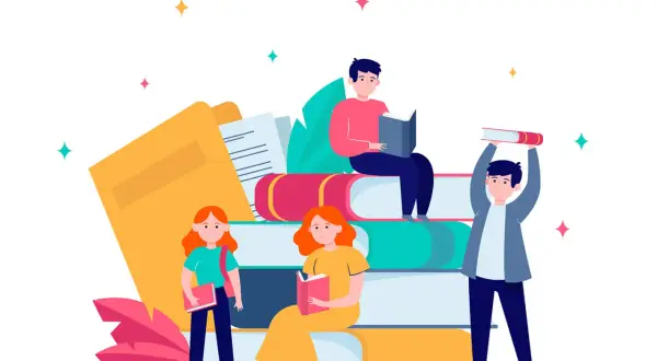 Jóvenes aprendiendo con libros apilados, fomentando la comprensión lectora online.