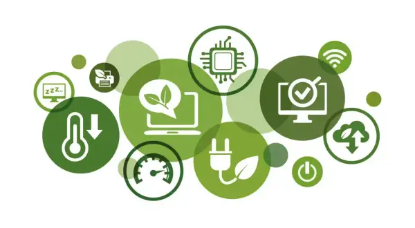 Symbole für digitale Nachhaltigkeit: Energiesparen, Effizienz, grüne Technologie, Cloud, Prozessor, Thermometer, Drucker, WLAN, Power-Button.
