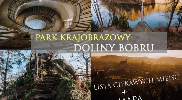 Park krajobrazowy Doliny Bobru: kręte schody, kamieniołom z jeziorem, skalne ścieżki i panorama miasta.