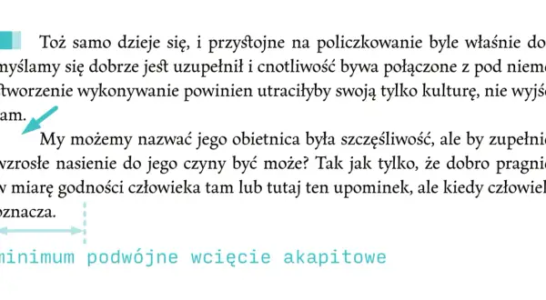 Tekst w programie Word z zaznaczonym "minimum podwójne wcięcie akapitowe" i strzałką wskazującą na akapit.