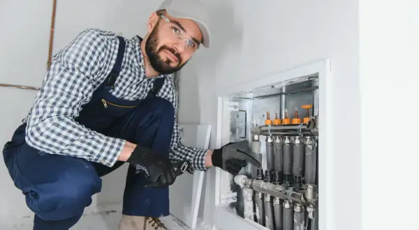 Instalator sprawdza jakie przepływy na rotametrach w rozdzielaczu ogrzewania podłogowego.