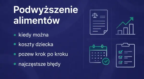 Wniosek o podwyższenie alimentów: kiedy można, koszty dziecka, pozew krok po kroku i najczęstsze błędy. Ikony dokumentu, wykresu, kalendarza i listy kontrolnej.
