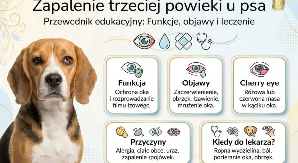 Beagle z zaczerwienionym, spuchniętym okiem, objawem zapalenia trzeciej powieki. Informacje o przyczynach i leczeniu.