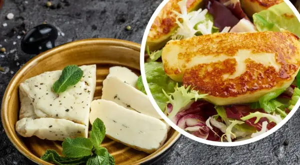 Kawałki sera halloumi na talerzu i w sałatce.