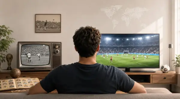Mężczyzna ogląda mecz na nowoczesnym telewizorze, obok stoi stary telewizor z czarno-białym obrazem, symbolizującym historię mistrzostw świata w piłce nożnej.