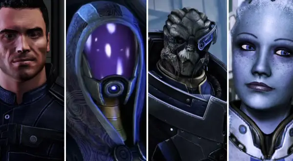Vier Charaktere aus Mass Effect 1: Shepard, Tali, Wrex und Liara. Wer wird Shepards Herz erobern? Die Mass Effect 1 Romanzen warten!
