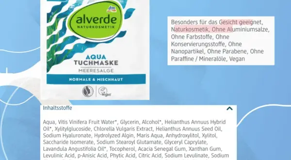 Alverde Aqua Tuchmaske mit Meeresalge. Enthält Sodium Levulinate für normale & Mischhaut. Naturkosmetik, vegan.