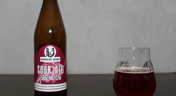 Butelka i szklanka z piwem porzeczkowym. Ciemnoczerwony napój z pianką. Etykieta "Sour Ale Czarna Porzeczka".