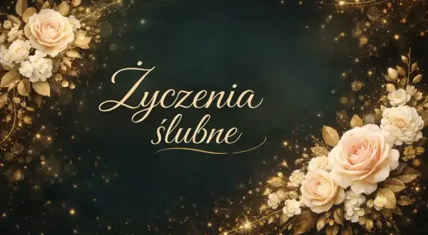 Eleganckie życzenia ślubne od chrzestnego, ozdobione kremowymi różami i złotymi detalami.
