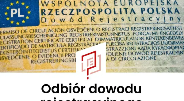 Odbiór dowodu rejestracyjnego. Dokument z symbolem PL i wielojęzycznymi napisami, potwierdzający odbiór dowodu rejestracyjnego.