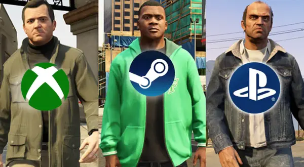 Michael, Franklin und Trevor von GTA 5 mit Logos von Xbox, Steam und PlayStation. Ein Wunschtraum für GTA 5 Crossplay.