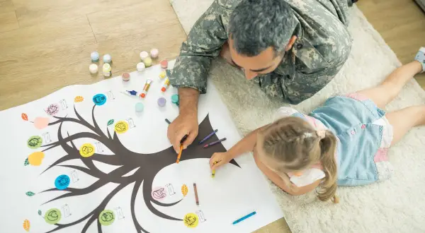 Un militaire et sa fille créent un arbre généalogique. Le prénom Benjamin, signification de force et de bravoure, est parfait pour ce projet familial.