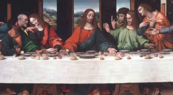 Ostatnia wieczerza w Mediolanie. Jezus i apostołowie przy stole, atmosfera napięcia i smutku.