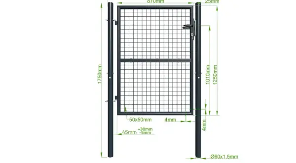 Schemat jak zrobić furtkę z siatki. Wymiary: wysokość 1750mm, szerokość 1060mm.