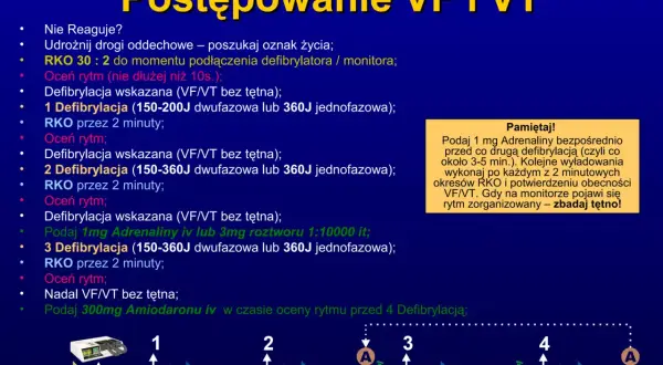 Algorytm postępowania przy częstoskurczu komorowym (VF/VT) bez tętna: RKO, ocena rytmu, defibrylacja, leki.