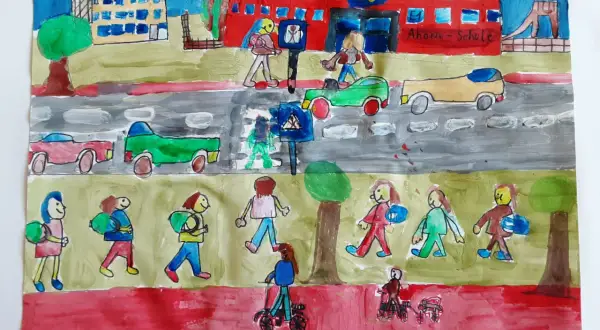Kinder auf dem Weg zur Schule. Ein bunter Schulweg, der als bewertungsbogen kunst grundschule dienen könnte.