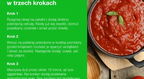 Domowy sos pomidorowy do spaghetti: cebula, czosnek, pomidory, cukier, sól, pieprz i zioła. Proste składniki, pyszny efekt.