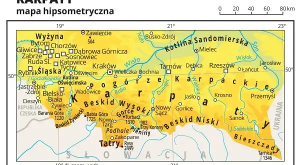 Mapa hipsometryczna Karpat z zaznaczonym parkiem krajobrazowym Beskidu Śląskiego, Tatrami i Bieszczadami.