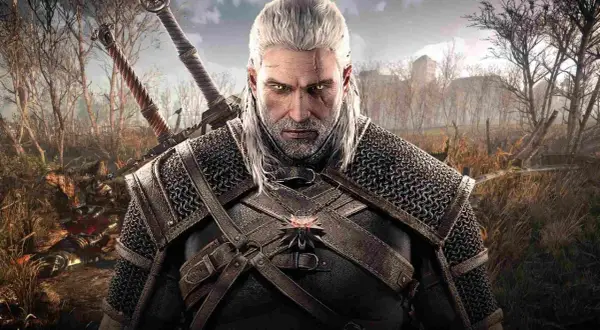 Geralt w zbroi szkoły kota z Wiedźmina 3, gotów do walki.
