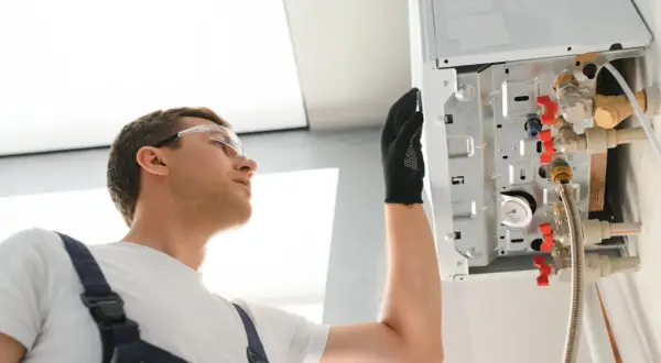 Instalator w okularach ochronnych sprawdza podłączenia kotła, gdzie widoczna jest anoda tytanowa.