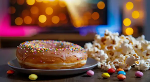 Pączek z kolorową posypką i popcornem na tle rozmytych świateł.