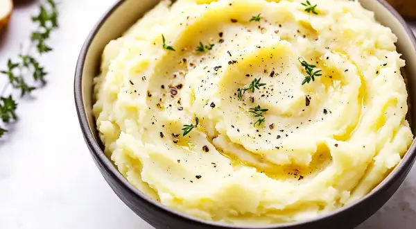 Krämigt potatismos i skål, toppat med örter och peppar. Perfekt som tillbehör till din middag, här är ett enkelt potatismos recept.