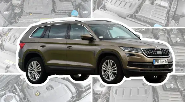 Nowa Skoda Kodiaq w kolorze brązowym, z widokiem na silnik w tle.
