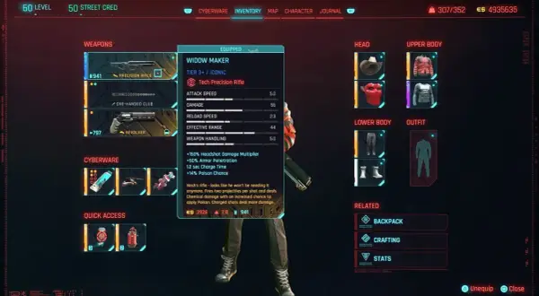 Interfejs gry Cyberpunk 2077: ekwipunek z bronią "Widow Maker", statystykami i opisem, zasady gry cyberpunk.