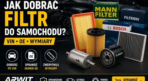Dobór filtra oleju po VIN to klucz do idealnego dopasowania. Na zdjęciu różne filtry samochodowe marek Mann, Filtron, Bosch.