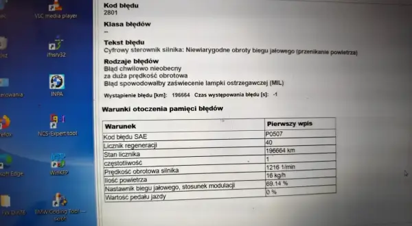 Błąd DTC P0420 BMW: Niewiarygodne obroty biegu jałowego, możliwe przenikanie powietrza. Wystąpił przy 196664 km.