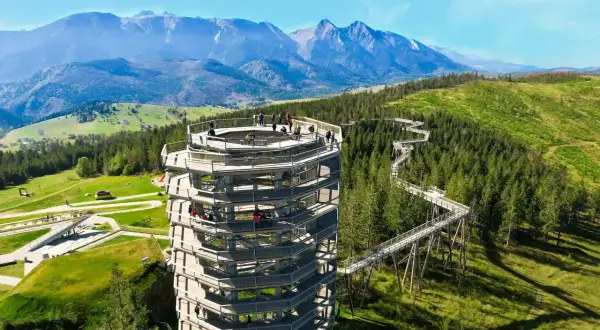 Wieża widokowa i ścieżka w koronach drzew w Zakopanem oferują wspaniały spacer z widokiem na Tatry.