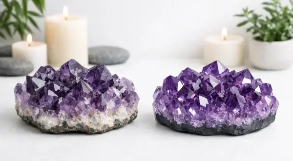 Dos geodas de amatista, qué es la amatista, brillan junto a velas encendidas y plantas.