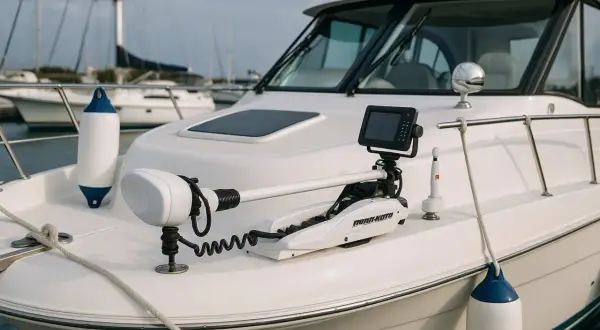 Motore elettrico barca fai da te installato a prua, pronto per un'avventura silenziosa sull'acqua.