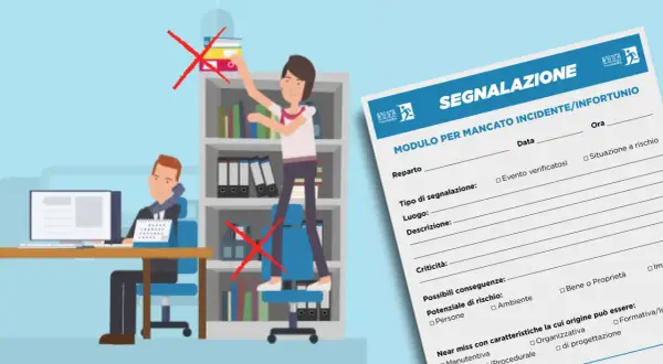 Uomo al telefono, donna su sgabello rischia caduta. Modulo segnalazione near miss sicurezza sul lavoro.