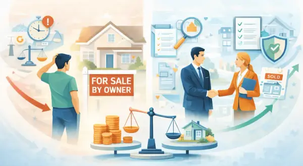 Illustrazione che mostra come funziona un'agenzia immobiliare online: da un lato, un uomo perplesso davanti a una casa "in vendita per proprietario"; dall'altro, agenti che stringono la mano con successo.