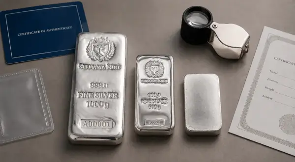 Trzy sztabki srebra inwestycyjnego Germania Mint o wadze 1000g, 500g i mniejsza, obok certyfikaty i lupa.