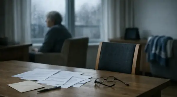 Smutna starsza osoba patrzy przez okno. Na stole leżą dokumenty, koperta, długopis i okulary. Czy to testament i wydziedziczenie?