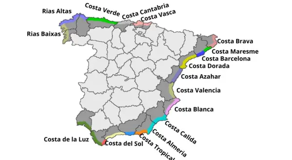 Mapa Hiszpanii z zaznaczonymi wybrzeżami. Gdzie na wakacje? Od Rias Baixas po Costa Brava, każdy znajdzie coś dla siebie.