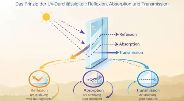 Grafik erklärt, wie UV-Strahlung durch Glas reflektiert, absorbiert oder transmittiert wird. Sonne sendet Strahlen, die am Fenster teils zurückgeworfen, teils vom Glas geschluckt und teils durchgelassen werden.